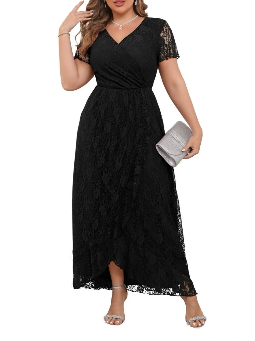 a.Jesdani Women's Plus Size Formal Dresses Lace V Neck Ruffles Sleeves Wedding